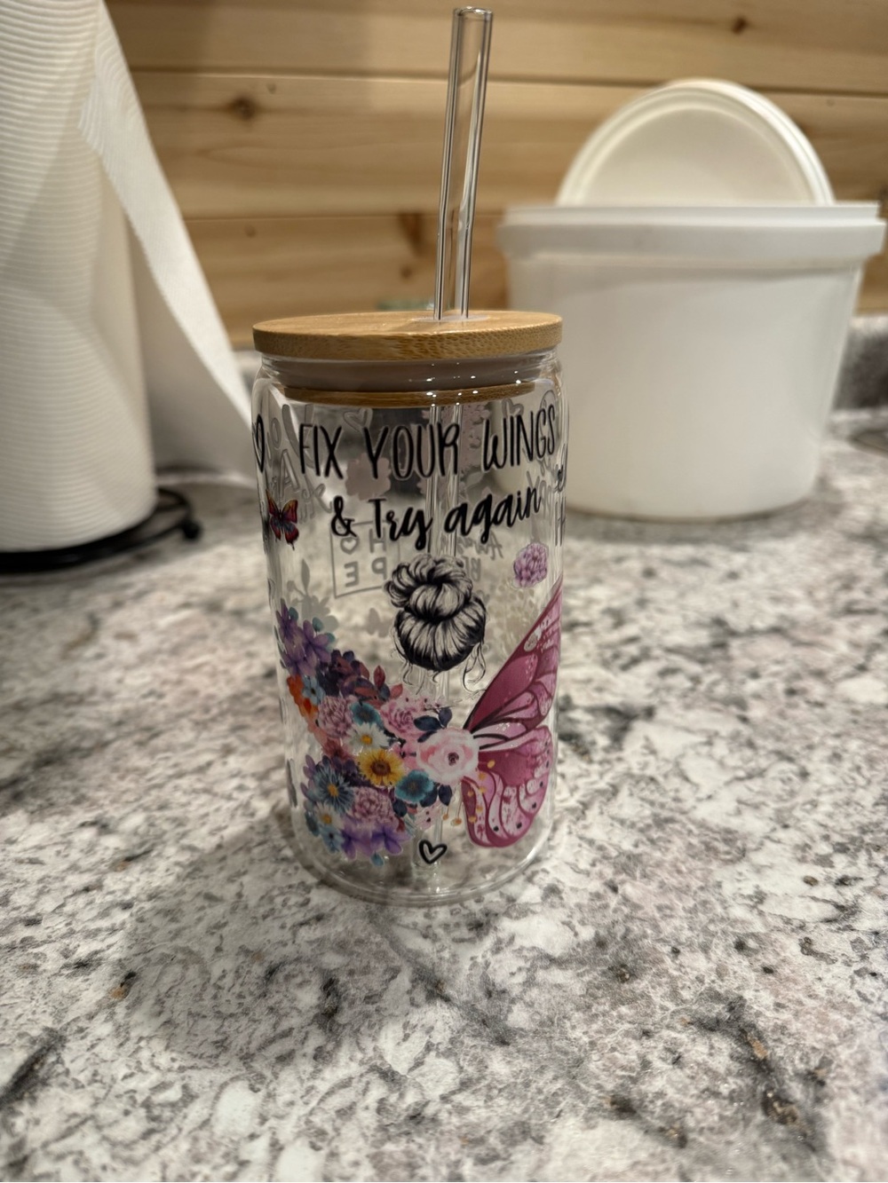 Custom made glass cup “fix your wings”